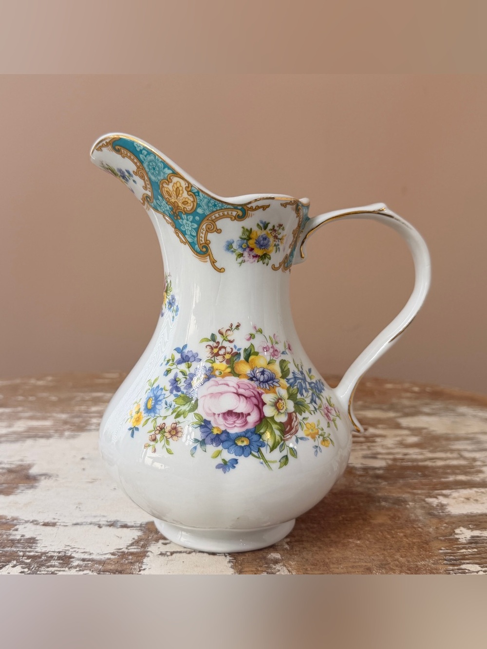 Vintage Antique Reflections J. Godinger & Co. Creamer White Floral Gold Trim 6"
